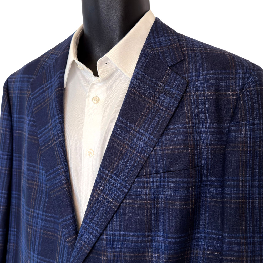 Peter Millar Sport Coat Mens 44R Blue Plaid Wool Silk Linen Two Button Blazer